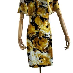 Connected Apparel Yellow and Black Floral Midi Dress Women’s Sz 4